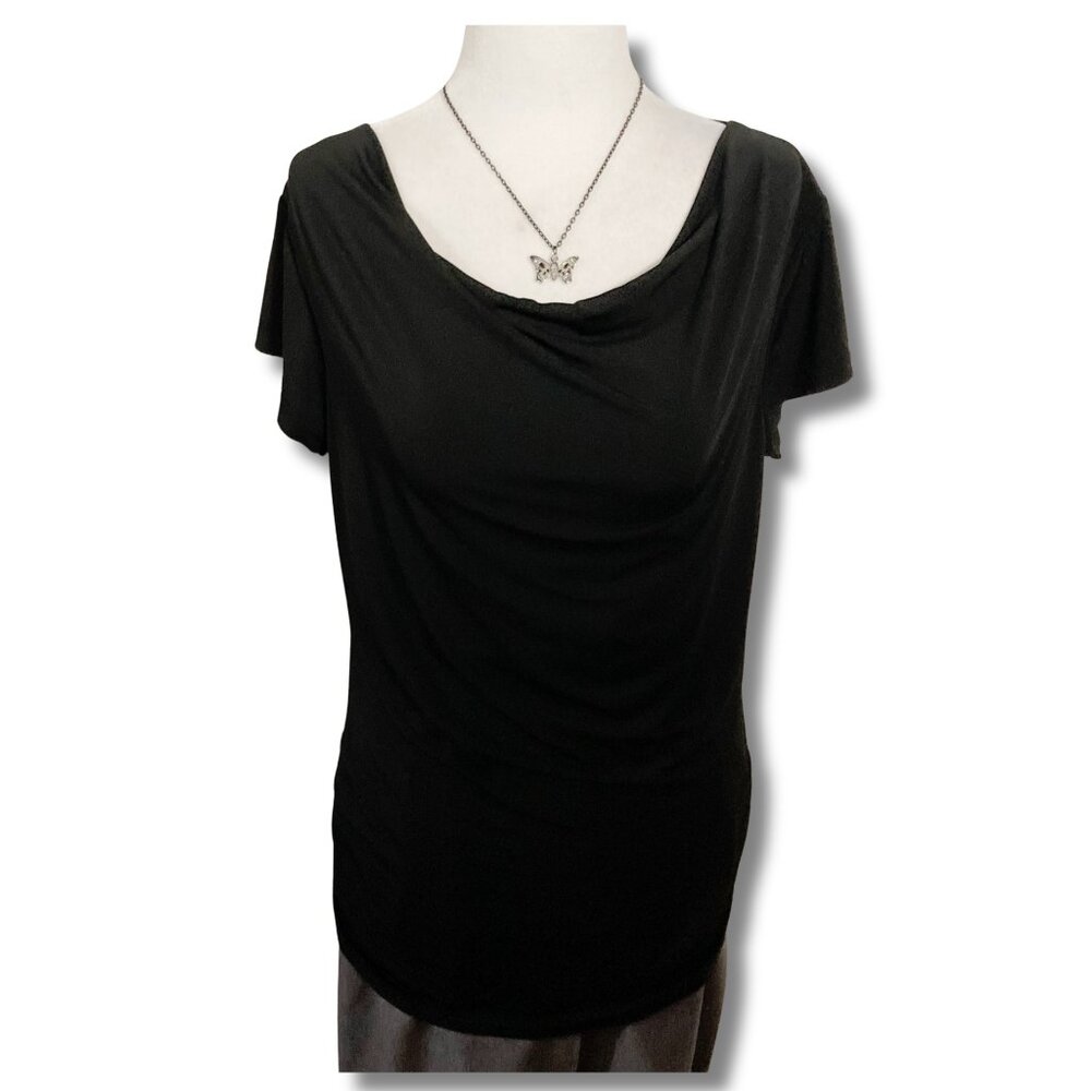 TOWN & COUNTRY Black cowl neck short-sleeve top ~ Stretchy MEDIUM LARGE shirt